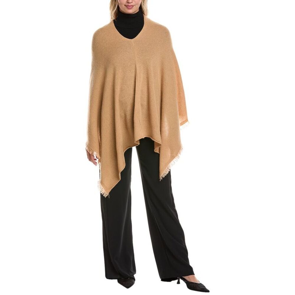 Amicale Cashmere Fringe Asymmetrical Cashmere Poncho, Brown